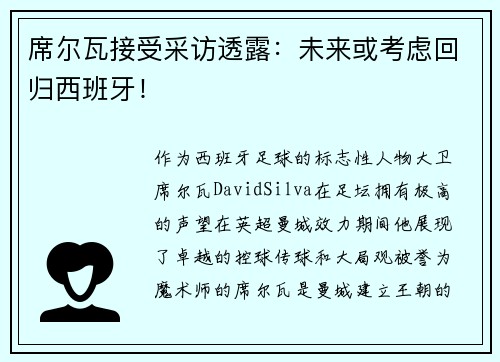 席尔瓦接受采访透露：未来或考虑回归西班牙！