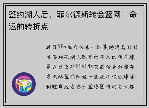 签约湖人后，菲尔德斯转会篮网：命运的转折点
